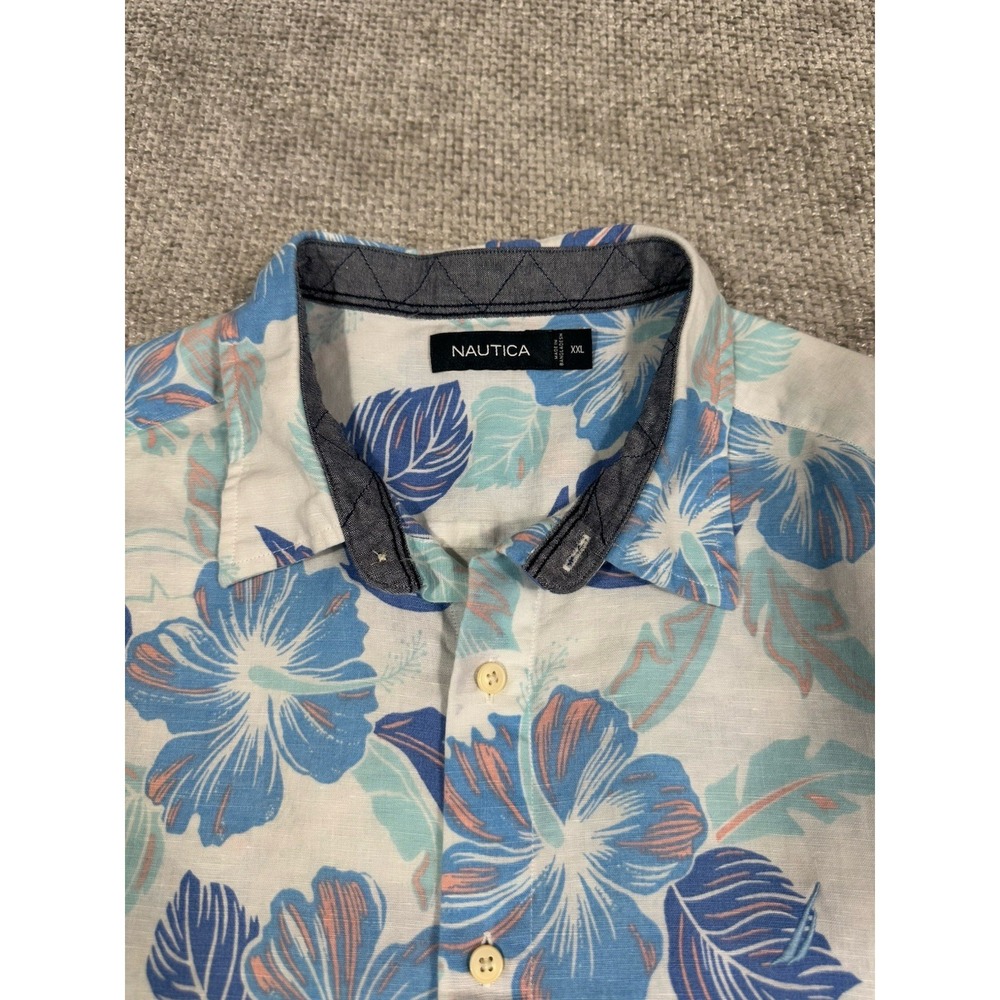 Nautica Shirt Mens XXL Hawaiian Linen Blend Floral Button Up Vacation Summer - Picture 4 of 8